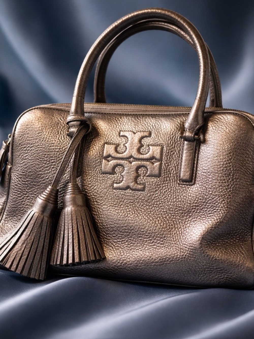 Tory Burch  Thea Three Zip Bronze Metallic Leather Satchel with Tassels
